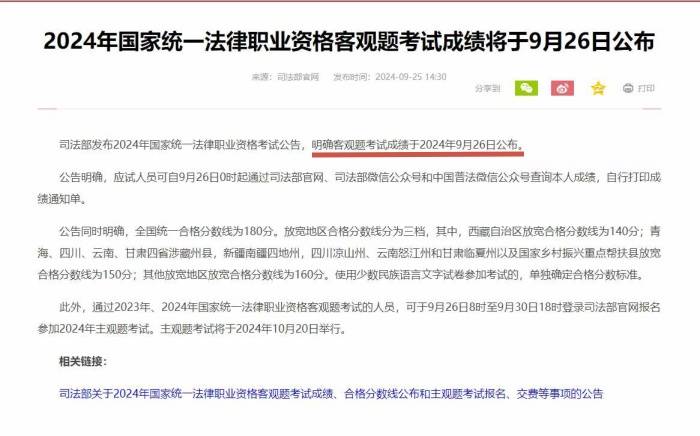 2024年国家统一法律职业资格客观题考试成绩将于9月26日公布